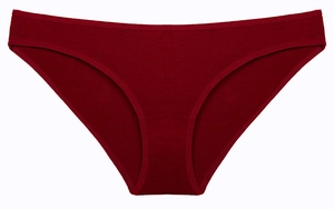 Detail view of burgundy cotton briefs with fine stitching and elastic waistband