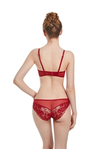 Rear view of wine red lace lingerie set with delicate floral patterns and seamless bra
