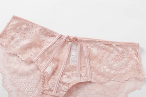 Detalle de ropa interior de encaje floral rosa que muestra la textura y la pretina