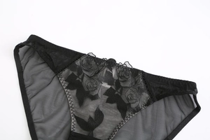 Detalle de bragas de encaje de malla negra con bordado de rosas y bordes lisos