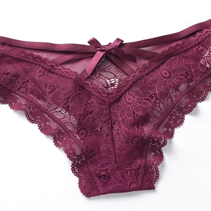Lace panties for women in wine red featuring floral patterns and a satin bow detail