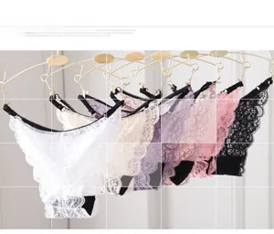 Detail display of lace panties in white, beige, purple, pink and black colors