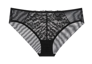 Detailed view of elegant black lace and sheer mesh patchwork on women's panties