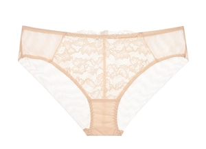 Detailed view of floral lace and breathable mesh on these nude women's panties