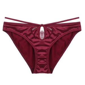 Burgunderfarbene Satin-Slips mit Wimpernspitzen-Ausschnitt und Doppelriemen