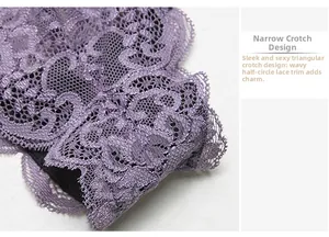 Close-up of purple lace panty featuring narrow crotch design and wavy scalloped edges
