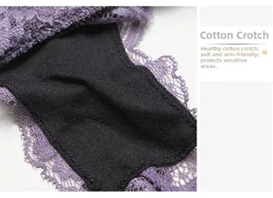 Detailed close-up of purple lace panty featuring a soft cotton gusset for skin comfort