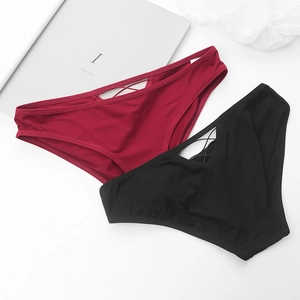 Sexy low-waist cotton panties with hollow-out cross strap design in red and black