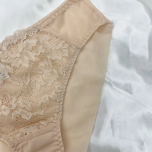 Culotte sexy en dentelle et mesh pour femme, couleur chair, entrejambe en coton et taille moyenne