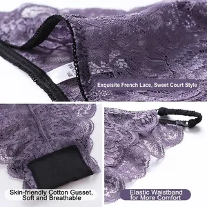Lace semi-sheer low-rise panties in purple with black elastic waistband and cotton crotch