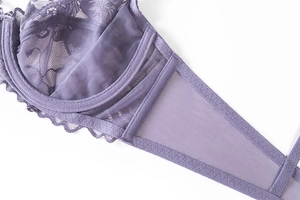 Detail of purple floral lace bra showing intricate patterns and breathable mesh wing