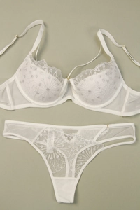 Macro shot of white floral embroidery and fine mesh fabric on this lace lingerie set