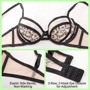 Ensemble soutien-gorge français en dentelle brodée avec bonnets fins et côtés élastiques