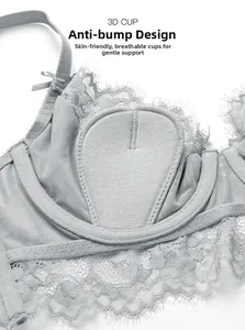 Close-up of lace bra cup featuring 3D structure and anti-nipple bump design