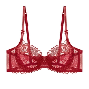 Exquisite dark red lace bra with underwire support and adjustable bow straps