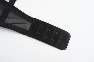 Detailed close-up of the 3x2 back hook closure and breathable mesh on this black bra