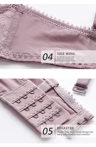 Detailed view of lilac lace bra side wings and secure three-row hook and eye closure