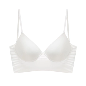 Close-up of white seamless longline bra with adjustable straps and smooth satin fabric