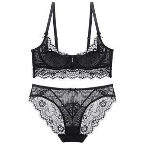 Sexy black lace lingerie set with ultra-thin rabbit ear bra and matching panties