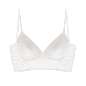 Detail view of white seamless deep V bra showing smooth fabric and wide elastic band