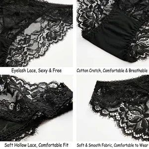 Bragas de encaje negro para mujer con entrepierna de algodón y encaje de pestañas