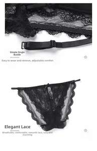 Detail of black French lace bra with adjustable single-buckle and matching panties