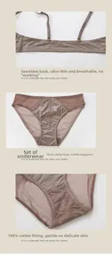 Dettagli del set intimo senza cuciture marrone moka con slip in rete e puro cotone