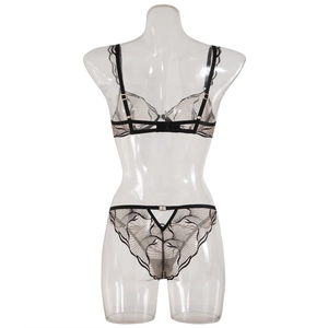 Detailed macro view of black lace embroidery lingerie set with mesh fabric and thin straps