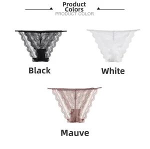 Detailed flat lay of lace panties in black, white, and mauve with floral wave edges