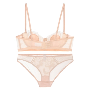 Detail of nude lace lingerie set with rose floral embroidery and thin mesh texture