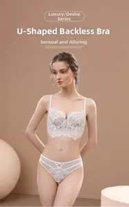Detailed view of white eyelash lace embroidery on backless U-shaped bralette set