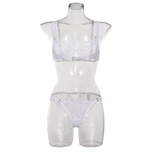 Detailed view of light purple lace lingerie set with sheer embroidery and underwire bra