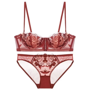 Detail view of red rose floral embroidery on French lace lingerie set with mesh fabric