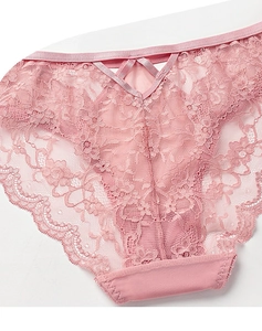 Close-up of pink lace panties featuring sheer floral patterns and V-shaped cutout back