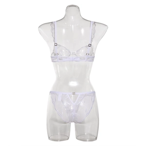 Detailed back view of white sheer lace lingerie set with hollow cross design on panties
