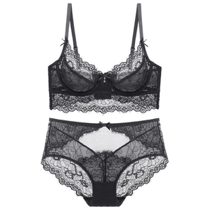 Elegant black lace lingerie set with sheer mesh and supportive underwire bra