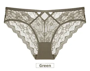Detail of green floral lace panties showing sheer texture and geometric waist cutout