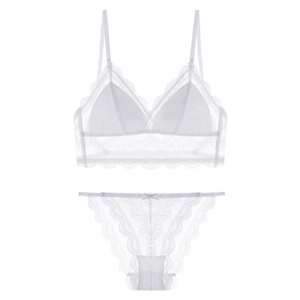 White French style lace lingerie set with U-back bra and matching panties on white background