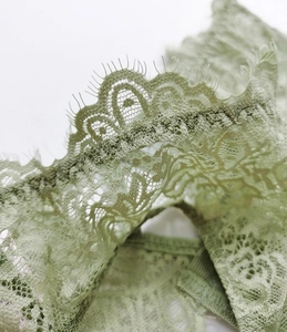 Detailed macro shot of mint green eyelash lace with intricate floral embroidery
