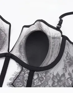 Detail of black eyelash lace bra featuring breathable ultra-thin mesh and floral patterns