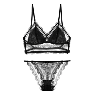 Elegant black lace lingerie set featuring a triangle bralette and matching panties
