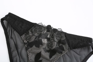 Détail de culotte en résille noire avec broderie florale rose et coutures élastiques