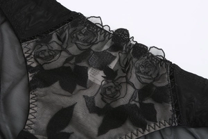 Détails de culotte en dentelle noire avec broderie rose délicate et texture en maille