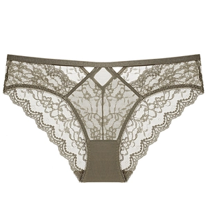 Lace panties for women in olive green featuring sheer floral embroidery and hollow-out design