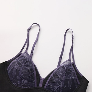 French style purple floral lace contrast wireless bra with adjustable straps