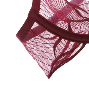 Detailed macro view of dark red embroidery lace and mesh fabric stitching on the bra