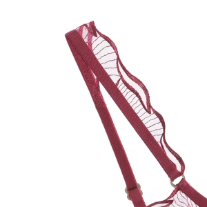 Detail of burgundy lace embroidery and adjustable silk strap on sheer mesh bra