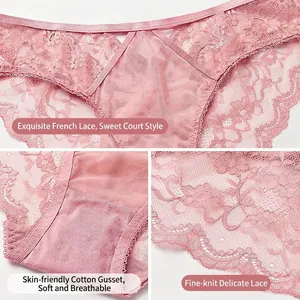 Pink French lace panties with breathable cotton crotch and elegant hollow embroidery