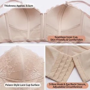 Lace push-up strapless bra set in nude beige with elegant embroidery and five-row back closure