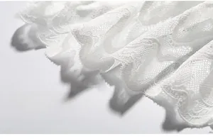 Detailaufnahme weißer französischer Spitze mit zarten Blumenmustern und feiner Texturierung
